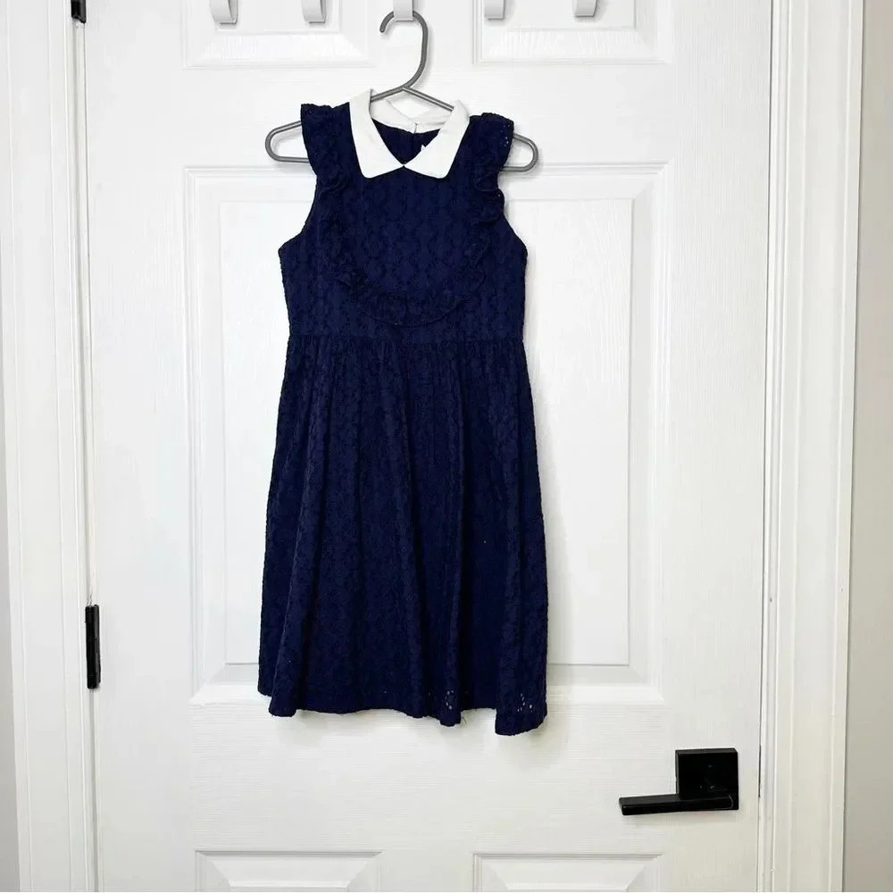 JANIE AND JACK Girls Size 4 Navy Eyelet Ruffle Front Dress Peter‎ Pan Collar